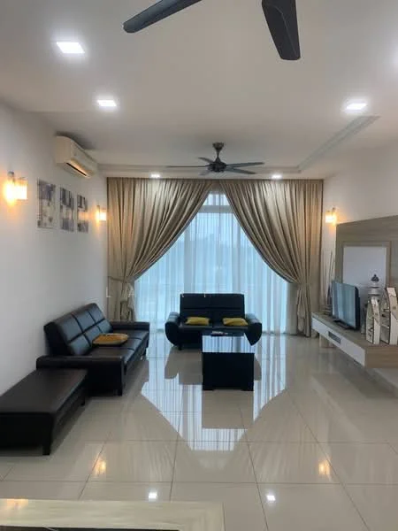Living features: 3-seater black leather sofa, 2-seater black leather sofa, black coffee table, wall-mounted TV, TV console with storage, cream curtains, floor-to-ceiling windows, recessed LED downlights, 5-blade ceiling fan, cream painted walls, glossy tile flooring; style: modern.