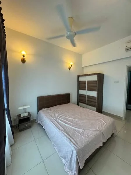 Bedroom features: queen-size bed, upholstered headboard, 2 bedside lamps, built-in wardrobe with sliding doors, ceiling fan, wall-mounted air conditioning unit, white painted walls, tile flooring, curtains, natural light from window; style: modern.