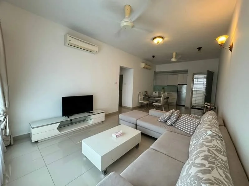 Living features: 3-seater fabric sofa in light grey, coffee table with white surface, TV console with white finish, wall-mounted flat-screen TV, 2-blade ceiling fan, recessed downlights, cream painted walls, tile flooring, curtains, decorative wall sconce; style: modern. Dining features: 4-seater dining table with light wood finish, upholstered dining chairs, open-plan layout, floor-to-ceiling windows, air conditioning unit; style: modern.