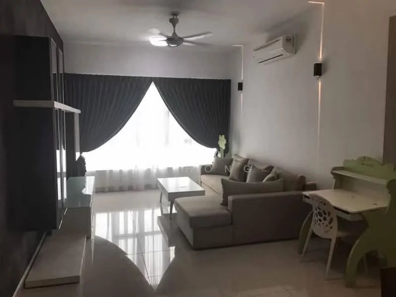 Living features: 3-seater fabric sofa in beige, coffee table, wall-mounted TV unit, floor-to-ceiling windows, sheer curtains, blackout curtains, ceiling fan, split air conditioning unit, glossy tile flooring, decorative wall paneling, green accent chair, study desk with chair; style: modern.