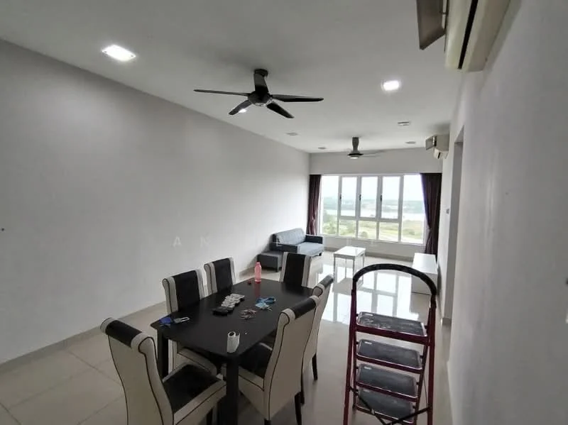 Living features: white painted walls, tile flooring, 5-blade ceiling fan, recessed LED downlights, floor-to-ceiling windows, curtains, sofa, dining table with upholstered chairs, coffee table, decorative items on table; style: modern; view: city.