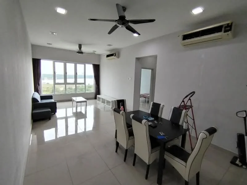 Living features: white painted walls, glossy tile flooring, 5-blade ceiling fan with light, floor-to-ceiling windows, black leather sofa, glass coffee table, 2 wall-mounted split ACs, area rug, curtains, decorative wall unit; style: modern; view: city. Dining features: 6-seater dining table, upholstered dining chairs, black dining table, decorative centerpiece; style: modern; view: city.