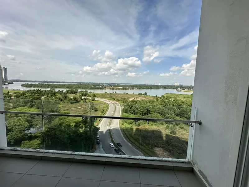 Room features: glass railing, large sliding glass door, grey tiled flooring, view of river, view of greenery, view of road, cloudy sky, outdoor space; style: modern; view: river.