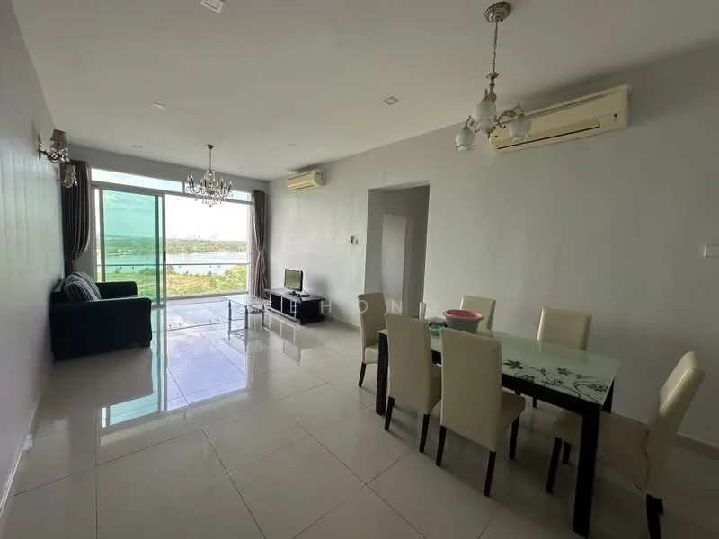Living features: floor-to-ceiling windows, sliding glass door, grey fabric sofa, chandelier, recessed downlights, white painted walls, glossy tile flooring, air conditioning unit, view of the landscape; style: modern; view: garden. Dining features: 6-seater dining table, upholstered dining chairs, decorative centerpiece, white painted walls, glossy tile flooring, air conditioning unit; style: modern.