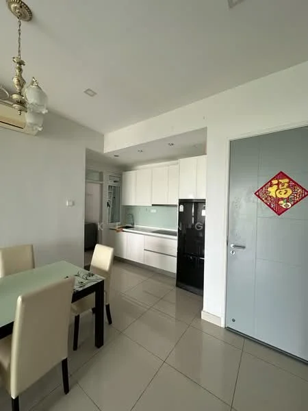Kitchen features: white cabinetry, black refrigerator, light green backsplash, stainless-steel sink, chrome faucet, built-in oven, 4-burner gas hob, ceramic tile flooring, recessed downlights, dining table with glass top, upholstered dining chairs, wall-mounted air conditioning unit; style: modern. Dining features: glass dining table, 4 upholstered dining chairs; style: modern.