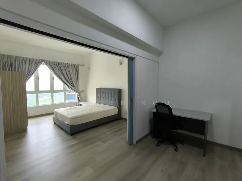 Bedroom features: queen-size bed with upholstered headboard, floor-to-ceiling windows, grey curtains, light wood flooring, study desk with chair, built-in wardrobe, white painted walls, recessed downlights; style: modern; view: city.