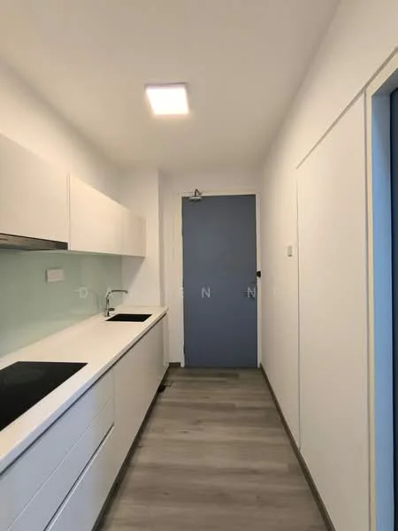 Kitchen features: white cabinetry, light grey countertop, built-in induction cooktop, single-bowl stainless-steel sink, chrome pull-down faucet, glass backsplash, light grey laminate flooring, recessed ceiling lights; style: modern.