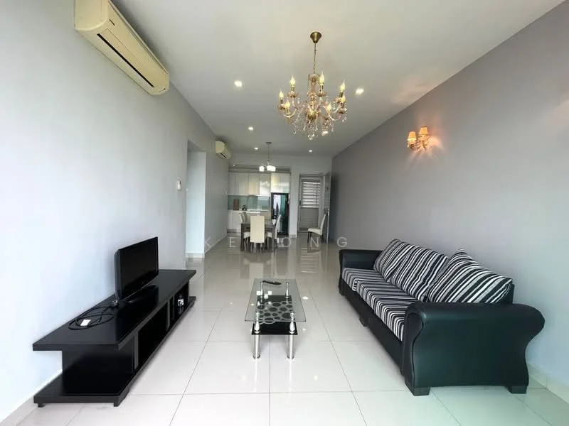 Living features: 3-seater fabric sofa with striped pattern, glass coffee table, black TV console, wall-mounted TV, chandelier, 2 wall sconces, white painted walls, glossy tile flooring, 1 wall-mounted split AC; style: modern.