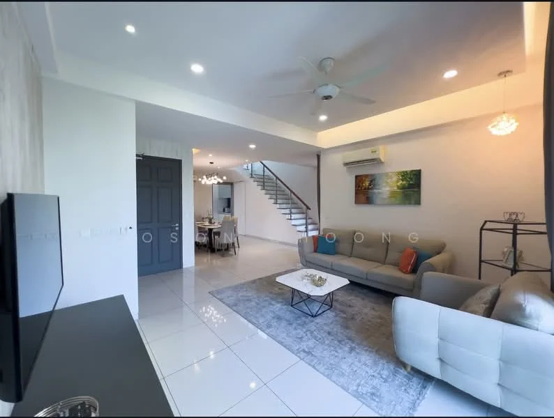 Living features: 3-seater fabric sofa in light grey, 2-seater fabric sofa in beige, coffee table with glass top, area rug with geometric pattern, wall-mounted TV, ceiling fan with light, recessed downlights, white painted walls, tile flooring, decorative wall art, sliding glass door, window with sheer curtains, air conditioning unit; style: modern. Room features: staircase with wooden steps, dining area visible in background.