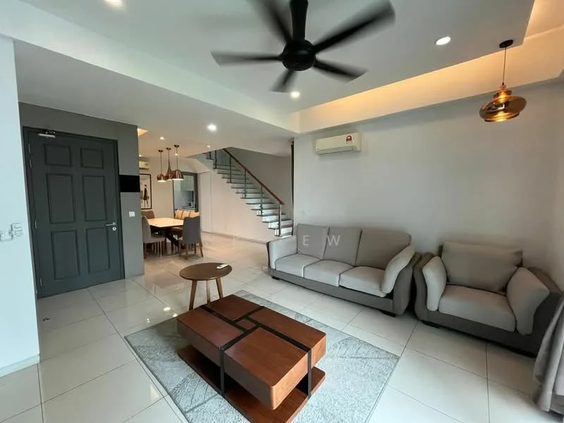 Living features: 3-seater fabric sofa in light grey, 2-seater armchair in light grey, wooden coffee table with geometric design, white painted walls, glossy white tile flooring, ceiling fan with 5 blades, recessed LED downlights, air conditioning unit on wall, decorative pendant light, staircase in background with wooden steps; style: modern.
