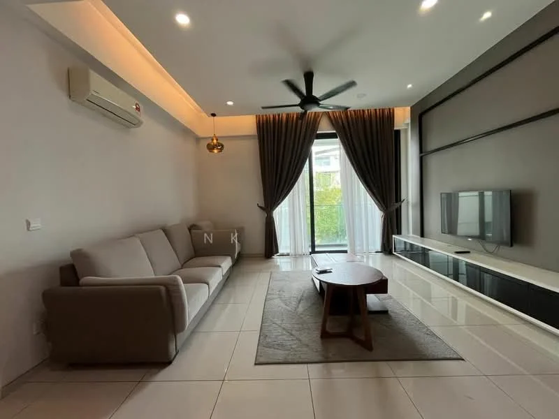 Living features: 3-seater fabric sofa in light grey, coffee table with wooden legs, wall-mounted TV, TV console in white, floor-to-ceiling windows, sheer curtains, blackout curtains, recessed LED downlights, 5-blade ceiling fan with light, light grey wall paint, tile flooring, decorative wall paneling; style: modern; view: garden.