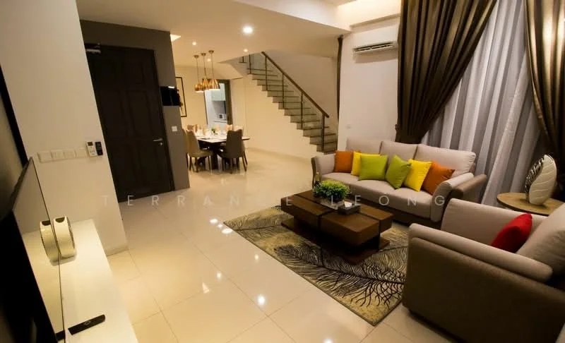 Living features: light grey fabric sofa, beige fabric sofa, colorful throw pillows, wooden coffee table, area rug with abstract pattern, wall-mounted TV, white TV console, recessed downlights, 5-blade ceiling fan, large floor-to-ceiling windows with sheer curtains, decorative plant in ceramic pot, dining area visible in background; style: modern.