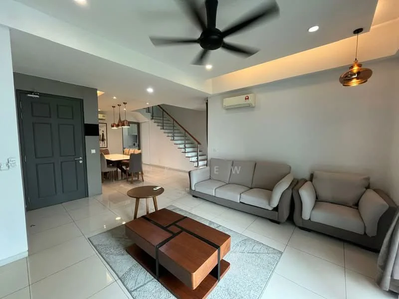 Living features: 3-seater fabric sofa in light grey, 2-seater fabric sofa in light grey, wooden coffee table with geometric design, 5-blade ceiling fan with integrated LED light, wall-mounted air conditioning unit, white painted walls, glossy ceramic tile flooring, recessed lighting, decorative pendant light, open layout to dining area; style: modern.