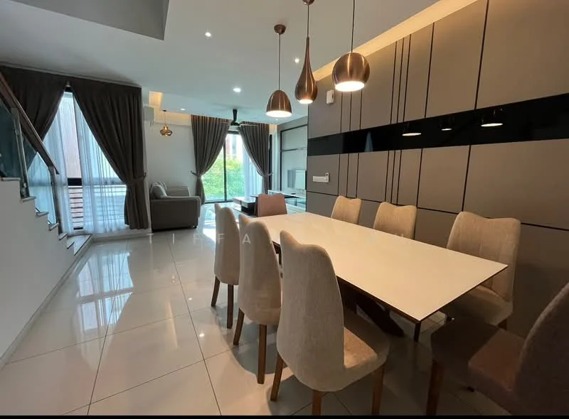 Dining features: rectangular dining table with white surface, 8 upholstered dining chairs in light grey, pendant lighting with three hanging bulbs, grey feature wall with horizontal panels, large windows with sheer curtains, polished porcelain tile flooring, open layout connecting to living area, decorative wall art, ceiling with recessed lighting; style: modern; view: garden. Living features: fabric sofa in light grey, coffee table, floor-to-ceiling windows, curtains, area rug, TV console, wall-mounted TV; style: modern; view: garden.