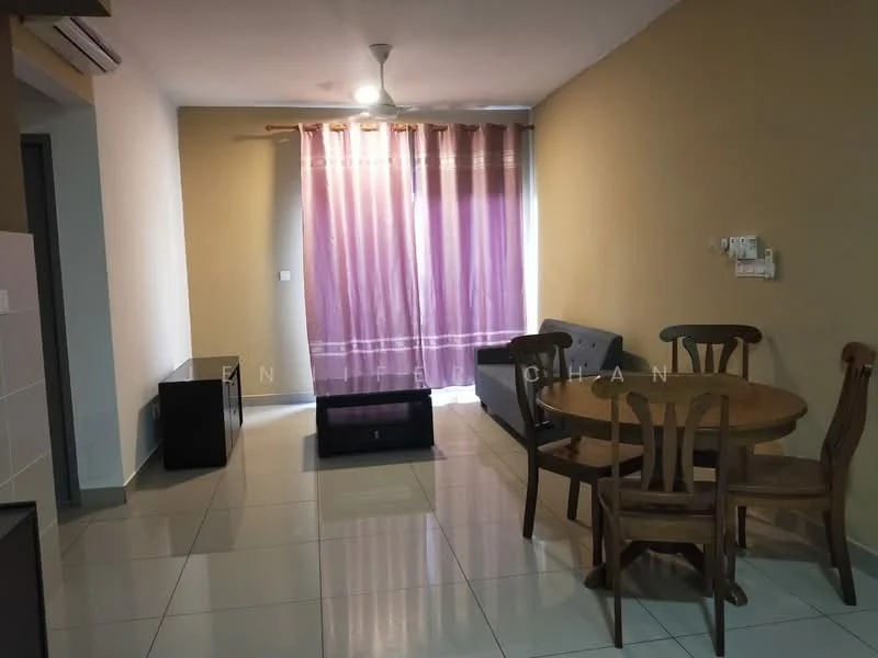 Living features: white painted walls, cream accent wall, glossy tile flooring, 5-blade ceiling fan with light, large window with sheer curtains, sofa in grey fabric, wooden dining table with four chairs, black coffee table, TV console, decorative wall-mounted panel; style: modern.