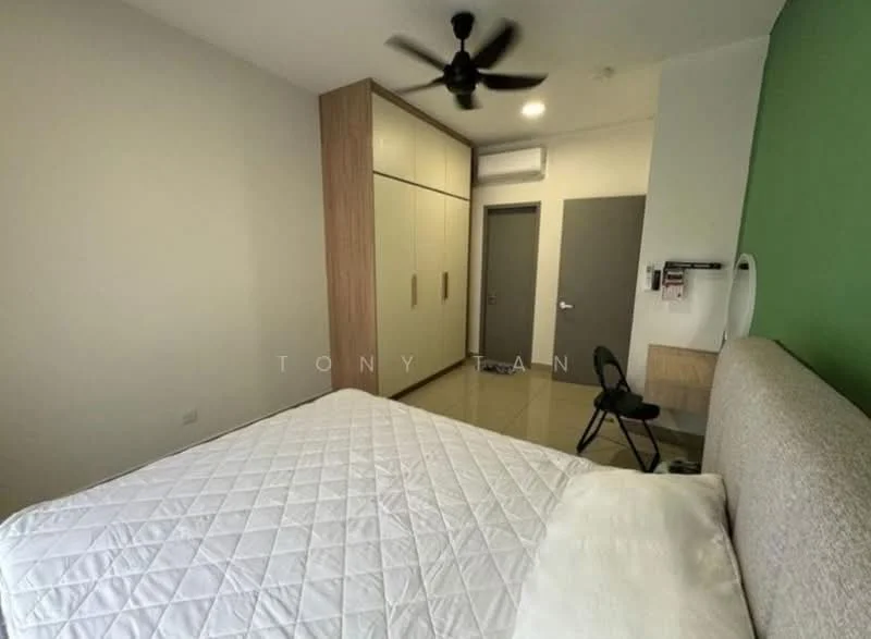 Bedroom features: queen-size bed, upholstered headboard, built-in wardrobe with wood finish, desk with chair, ceiling fan, wall-mounted phone, grey accent wall, white painted walls, tile flooring, recessed lighting; style: modern.