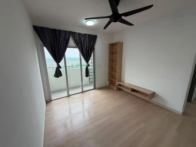 Living features: light wood flooring, white painted walls, 5-blade ceiling fan, floor-to-ceiling sliding glass door, blackout curtains, built-in wooden shelf, wall-mounted TV console, balcony access; style: modern; view: city.