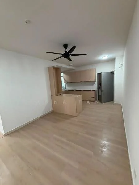 Living features: light wood flooring, white painted walls, ceiling fan, kitchen island with cabinetry, recessed lighting, open layout, doorway to hallway, large window, neutral color palette; style: modern.