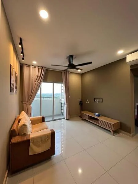 Living features: cream painted walls, grey accent wall, white tiled flooring, 5-blade ceiling fan with light, floor-to-ceiling windows, sliding glass door, sheer curtains, wooden TV console, sofa in beige, decorative wall art; style: modern; view: city.