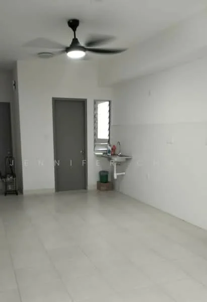 Laundry features: white painted walls, light-colored tile flooring, 5-blade ceiling fan, window with security bars, sink with faucet, wall-mounted storage, door to adjacent room, open layout; style: modern.