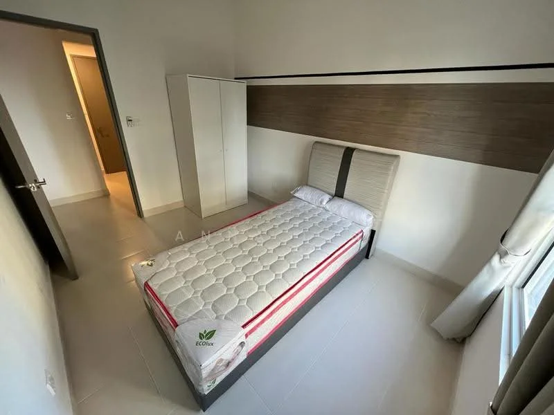 Bedroom features: queen-size bed with mattress, upholstered headboard, white bedding, white walls, wood accent wall, tile flooring, built-in wardrobe, curtains, window with natural light, light switch, door to hallway; style: modern.