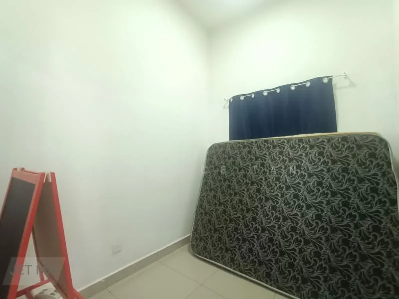 Room features: white painted walls, tile flooring, window with blue curtains, mattress leaning against wall, blackboard, no visible furniture.