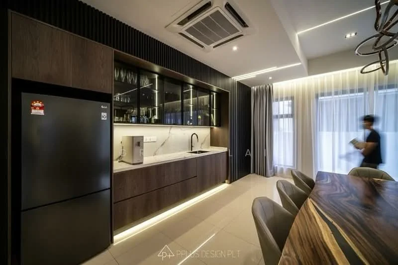 Kitchen features: dark wood cabinetry, white quartz countertop, stainless-steel fridge, built-in microwave, single-bowl stainless-steel sink, chrome pull-down faucet, glass-front upper cabinets, recessed LED downlights, pendant lighting, tile flooring, floor-to-ceiling windows with sheer curtains, open dining area with wooden dining table; style: modern.
