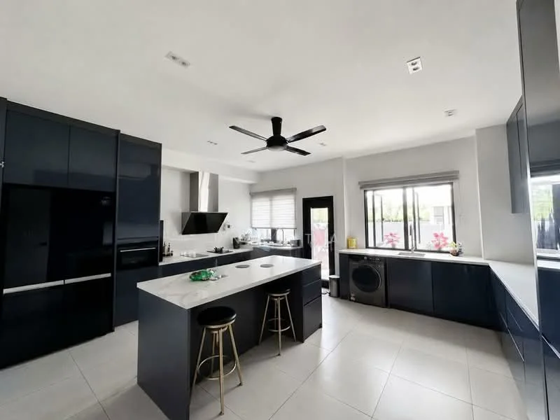 Kitchen features: black cabinetry, white island countertop, stainless-steel sink, chrome pull-down faucet, built-in oven, stainless-steel fridge, 4-burner gas hob, black backsplash, pendant lighting, ceiling fan, large windows, tile flooring, washer/dryer unit; style: modern.