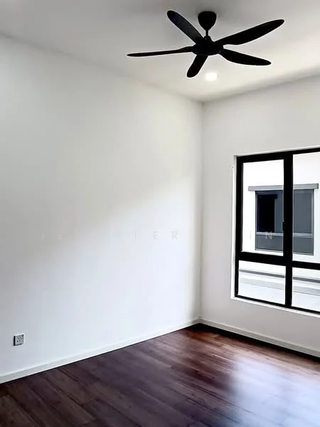 Room features: white painted walls, wooden flooring, 5-blade ceiling fan, floor-to-ceiling window, black window frame, natural light from window; style: modern; view: courtyard.