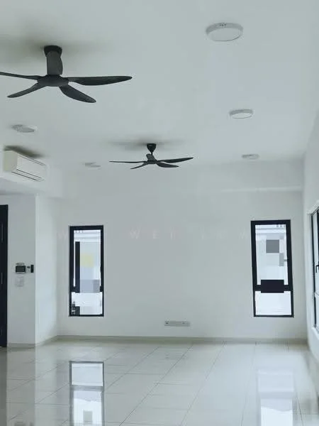 Room features: white painted walls, polished ceramic tile flooring, 2 ceiling fans, 2 wall-mounted split AC units, 2 windows with black frames, recessed downlights; style: modern.