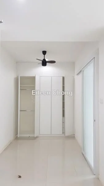 Bedroom features: white painted walls, glossy tile flooring, ceiling fan, built-in wardrobe with sliding doors, floor-to-ceiling windows, natural light, neutral color scheme; style: modern.
