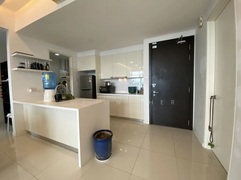 Kitchen features: white cabinetry, marble countertop, stainless-steel sink, chrome pull-down faucet, built-in oven, microwave, refrigerator, water dispenser, ceramic tile flooring, recessed downlights, open shelving, wall-mounted cabinets, kitchen island, door to hallway; style: modern.