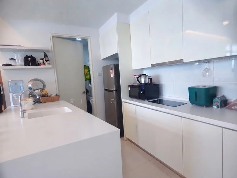 Kitchen features: white cabinetry, stainless-steel fridge, single-bowl stainless-steel sink, chrome pull-down faucet, white quartz countertop, built-in induction hob, microwave, kitchen island, tile backsplash, under-cabinet lighting, open shelving, neutral tile flooring; style: modern.