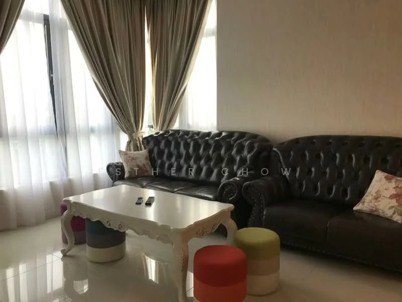 Living features: chocolate brown leather chesterfield sofa, white coffee table with ornate design, colorful upholstered stools in various colors, floor-to-ceiling windows, sheer curtains, cream painted walls, glossy tile flooring, decorative throw pillows; style: contemporary.