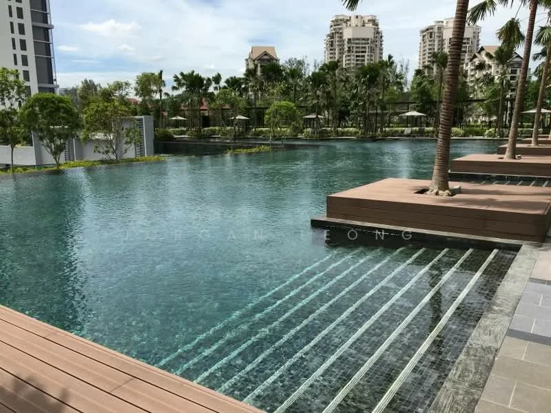 Exterior type: swimming pool deck; features: infinity edge pool, wooden decking, palm trees, landscaped garden, lounge chairs, surrounding greenery, water features, poolside seating areas; style: modern.