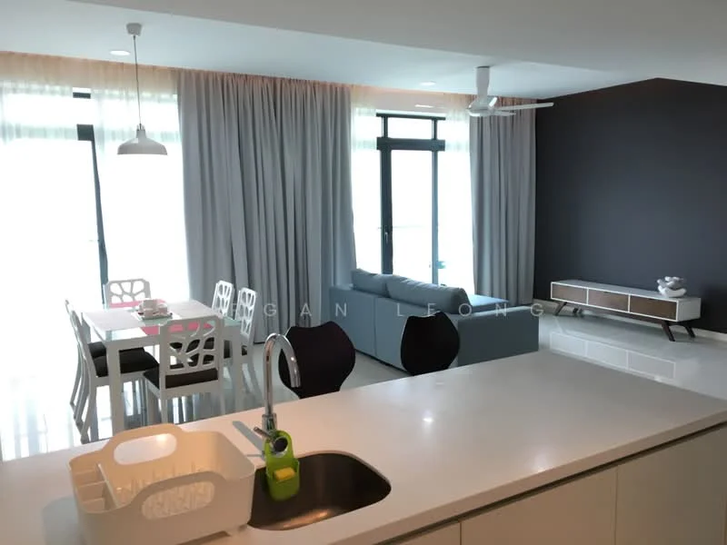 Living features: grey fabric sofa, white dining table with 6 chairs, wooden TV console, floor-to-ceiling windows, sheer curtains, recessed downlights, ceiling fan, light-colored flooring, decorative wall art, open layout, area rug; style: modern; view: city. Kitchen features: white countertop, single-bowl stainless-steel sink, chrome pull-down faucet, dish rack, open shelving; style: modern.