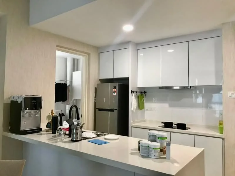 Kitchen features: white cabinetry, stainless-steel fridge, built-in oven, ceramic cooktop, white quartz countertop, single-bowl stainless-steel sink, chrome pull-down faucet, recessed downlights, open shelving, kitchen island with seating; style: modern.