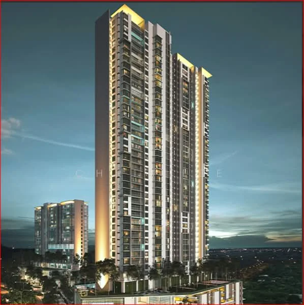 Exterior type: high-rise condominium; features: glass curtain wall, illuminated facade, recessed balconies, multiple storeys, surrounded by greenery, modern architectural design; style: modern.