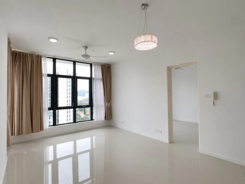 Living features: white painted walls, glossy ceramic tile flooring, 5-blade ceiling fan with light, chandelier, floor-to-ceiling windows, sheer curtains, curtains in beige, city view, recessed downlights; style: modern; view: city.