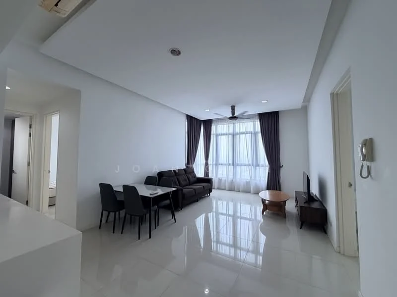 Living features: 3-seater fabric sofa in dark grey, glass coffee table, TV console, wall-mounted TV, floor-to-ceiling windows, sheer curtains, 5-blade ceiling fan with light, recessed downlights, white painted walls, glossy ceramic tile flooring; style: modern; view: city. Room features: doorway leading to other rooms, light switch.