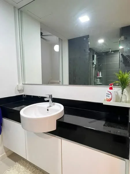 Bathroom features: single-bowl sink, chrome faucet, black countertop, white cabinetry, mirror above sink, shower area with glass enclosure, recessed lighting, towel rack, plant decor, white walls, tile flooring; style: modern.