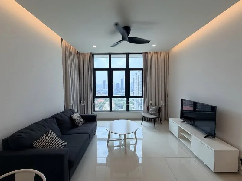 Living features: 3-seater fabric sofa in dark grey, white round coffee table, wall-mounted TV, TV console in white, floor-to-ceiling windows, sheer curtains, recessed downlights, ceiling fan with light, light-coloured tiled flooring, decorative cushions; style: modern; view: city.