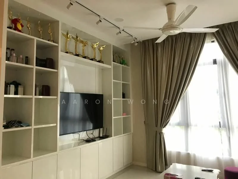Living features: white built-in shelving unit, wall-mounted TV, 5-blade ceiling fan with light, floor-to-ceiling windows, sheer curtains, dark grey curtains, light-colored walls, polished tile flooring, decorative trophies on shelves, decorative items on shelves; style: modern.