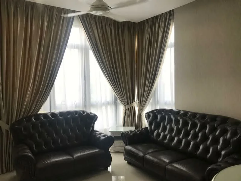 Living features: 2-seater leather sofa in dark brown, 3-seater leather sofa in dark brown, glass coffee table, floor-to-ceiling windows, sheer curtains, heavy drapes in beige, polished tile flooring, ceiling fan; style: contemporary.