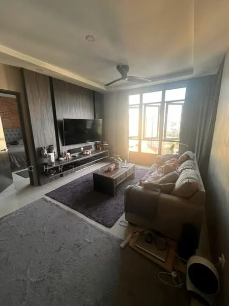 Living features: 3-seater fabric sofa in beige, coffee table, area rug with geometric pattern, wall-mounted TV, TV console, floor-to-ceiling windows, ceiling fan, decorative wall paneling, light-colored walls, natural light from windows, laminate flooring; style: modern; view: city.