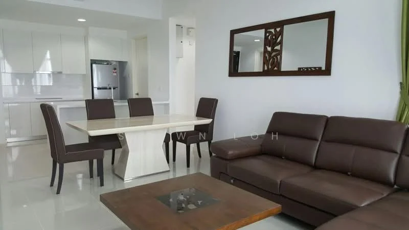 Dining features: rectangular dining table with white surface, 4 upholstered dining chairs in dark brown, wall-mounted mirror with decorative frame, light grey walls, white ceiling, recessed downlights, marble tile flooring, open layout to kitchen, large window with green curtains; style: modern. Living features: 3-seater leather sofa in dark brown, coffee table with glass top, wall-mounted TV console, light grey walls, marble tile flooring; style: modern.