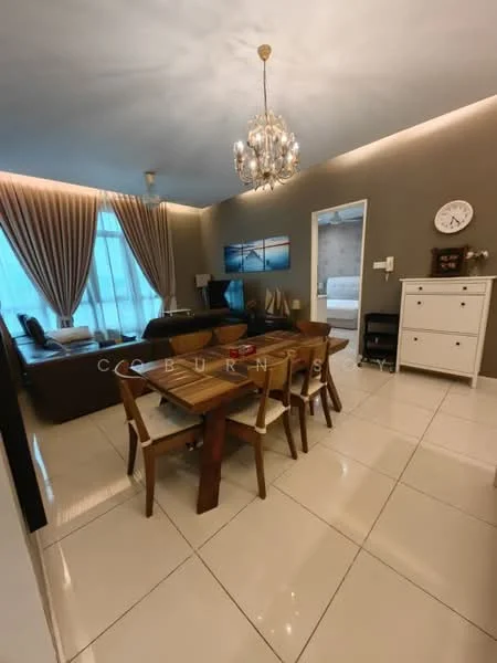 Dining features: dining table with wooden surface, 4 wooden dining chairs, chandelier with multiple bulbs, cream painted walls, large window with sheer curtains, tile flooring, decorative wall clock, framed artwork on wall, sofa in background, accent wall with textured finish; style: modern.