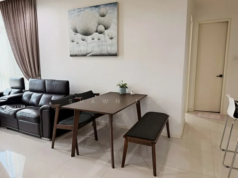 Dining features: dark wood dining table, wooden bench seating, black leather sofa, cream painted walls, large artwork on wall, floor-to-ceiling windows with sheer curtains, glossy tile flooring, light-colored door, decorative plant on table; style: modern.