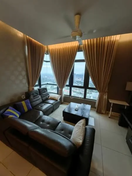 Living features: 3-seater leather sofa in dark brown, 2-seater leather sofa in dark brown, coffee table in dark wood, floor-to-ceiling windows, sheer curtains, recessed downlights, ceiling fan, decorative wall with textured finish, tile flooring in light color, city view; style: modern; view: city.