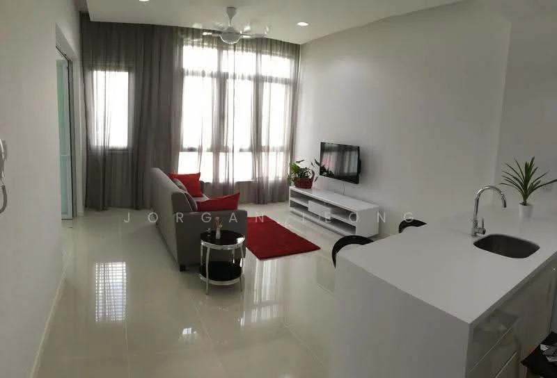 Living features: grey fabric sofa, red area rug, white TV console, wall-mounted TV, floor-to-ceiling windows, sheer curtains, ceiling fan, decorative houseplants, glossy tile flooring, white painted walls; style: modern. Kitchen features: white cabinetry, single-bowl stainless-steel sink, chrome faucet, countertop with breakfast bar; style: modern.